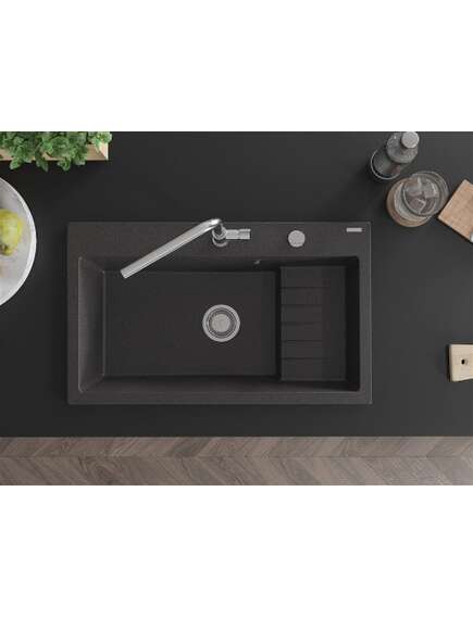 Mexen Omar zlewozmywak granitowy 1-komorowy 800 x 480 mm, czarny nakrapiany, syfon chrom - 6520801005-76, изображение 4