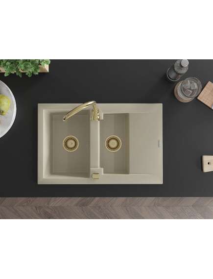 Mexen Gaspar zlewozmywak granitowy 1,5-komorowy z ociekaczem 737 x 475 mm, beżowy, syfon złoty - 6507731505-69-G, изображение 4