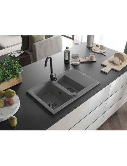 Mexen Gaspar zlewozmywak granitowy 1,5-komorowy z ociekaczem 737 x 475 mm, szary, syfon czarny - 6507731505-71-B, изображение 2