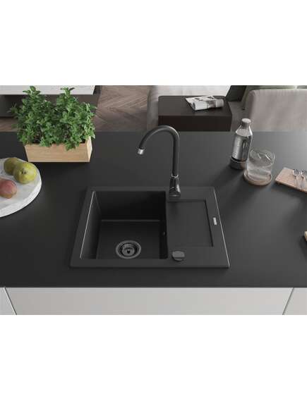 Mexen Enzo zlewozmywak granitowy 1-komorowy z ociekaczem 576 x 465 mm, czarny, syfon czarny - 6506571005-77-B, 3 image