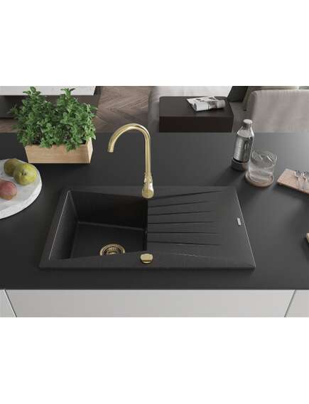 Mexen Cesar zlewozmywak granitowy 1-komorowy z ociekaczem 775 x 470 mm, czarny/srebrny metalik, syfon złoty - 6514771010-73-G, изображение 3