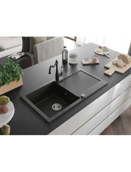 Mexen Leo zlewozmywak granitowy 1-komorowy z ociekaczem i baterią kuchenną Carla, czarny/złoty metalik - 6501-75-670700-70, изображение 2