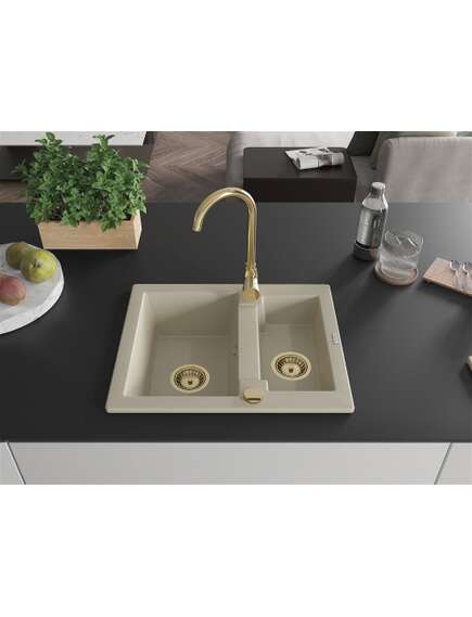 Mexen Carlos zlewozmywak granitowy 1,5-komorowy 582 x 475 mm, beżowy, syfon złoty - 6518581500-69-G, изображение 3