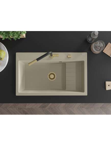 Mexen Omar zlewozmywak granitowy 1-komorowy 800 x 480 mm, beżowy, syfon złoty - 6520801005-69-G, изображение 4