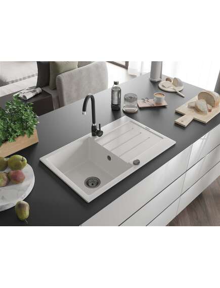 Mexen Bruno zlewozmywak granitowy 1-komorowy z ociekaczem 795 x 495 mm, biały, syfon czarny - 6513791010-20-B, изображение 2