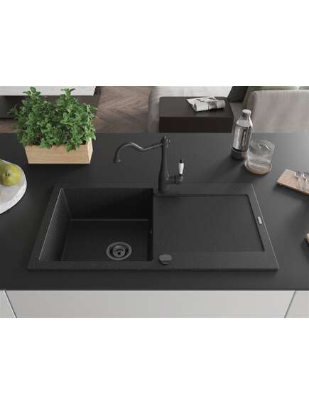 Mexen Leo zlewozmywak granitowy 1-komorowy z ociekaczem i baterią kuchenną Carla, czarny/srebrny metalik - 6501-73-670700-70-B, 3 image