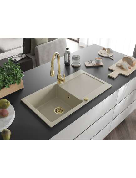 Mexen Leo zlewozmywak granitowy 1-komorowy z ociekaczem i baterią kuchenną Savita, beżowy - 6501-69-672601-50, изображение 2