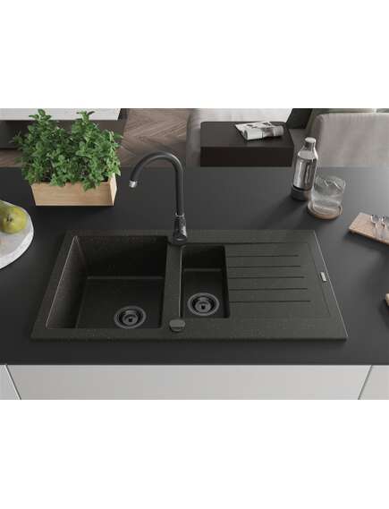 Mexen Matias zlewozmywak granitowy 1,5-komorowy z ociekaczem 900 x 505 mm, czarny/złoty metalik, syfon czarny - 6502901505-75-B, изображение 3