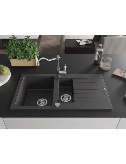 Mexen Matias zlewozmywak granitowy 1,5-komorowy z ociekaczem i baterią kuchenną Carla, czarny nakrapiany - 6502-76-670700-00, 3 image