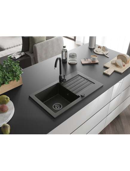 Mexen Pablo zlewozmywak granitowy 1-komorowy z ociekaczem 752 x 436 mm, czarny/złoty metalik, syfon czarny - 6510751010-75-B, изображение 2