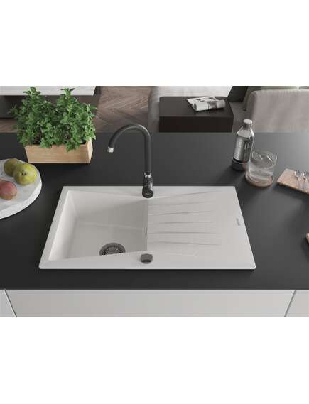 Mexen Cesar zlewozmywak granitowy 1-komorowy z ociekaczem 775 x 470 mm, biały, syfon czarny - 6514771010-20-B, изображение 3