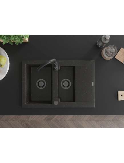 Mexen Gaspar zlewozmywak granitowy 1,5-komorowy z ociekaczem 737 x 475 mm, czarny/złoty metalik, syfon czarny - 6507731505-75-B, изображение 4