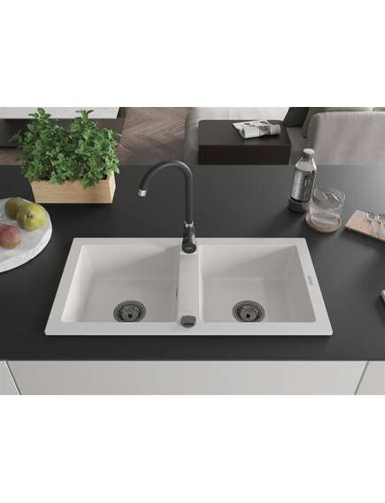 Mexen Mario zlewozmywak granitowy 2-komorowy 820 x 436 mm, biały, syfon czarny - 6504822000-20-B, изображение 3