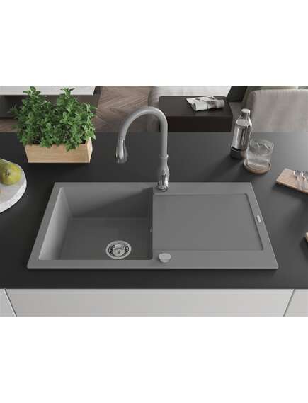 Mexen Leo zlewozmywak granitowy 1-komorowy z ociekaczem i baterią kuchenną Savita, szary - 6501-71-672601-71, 3 image