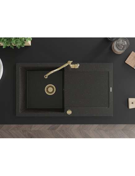 Mexen Leo zlewozmywak granitowy 1-komorowy z ociekaczem i baterią kuchenną Carla, czarny/złoty metalik - 6501-75-670700-50, 4 image