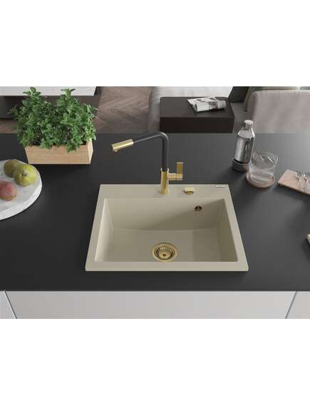 Mexen Oscar zlewozmywak granitowy 1-komorowy 580 x 490 mm, beżowy, syfon złoty - 6519581000-69-G, изображение 3