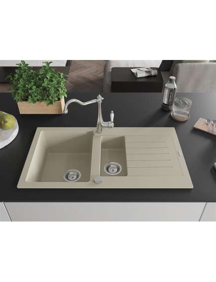 Mexen Matias zlewozmywak granitowy 1,5-komorowy z ociekaczem i baterią kuchenną Carla, beżowy - 6502-69-670700-00, изображение 3