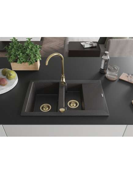 Mexen Gaspar zlewozmywak granitowy 1,5-komorowy z ociekaczem 737 x 475 mm, czarny nakrapiany, syfon złoty - 6507731505-76-G, изображение 3