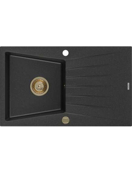Mexen Cesar zlewozmywak granitowy 1-komorowy z ociekaczem 775 x 470 mm, czarny/srebrny metalik, syfon złoty - 6514771010-73-G