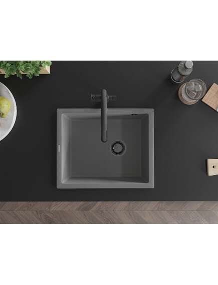Mexen Pedro zlewozmywak granitowy 1-komorowy 560 x 460 mm, szary, syfon czarny - 6508561000-71-B, изображение 4
