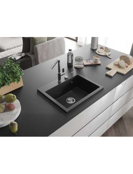 Mexen Oscar zlewozmywak granitowy 1-komorowy 580 x 490 mm, czarny, syfon chrom - 6519581000-77, изображение 2