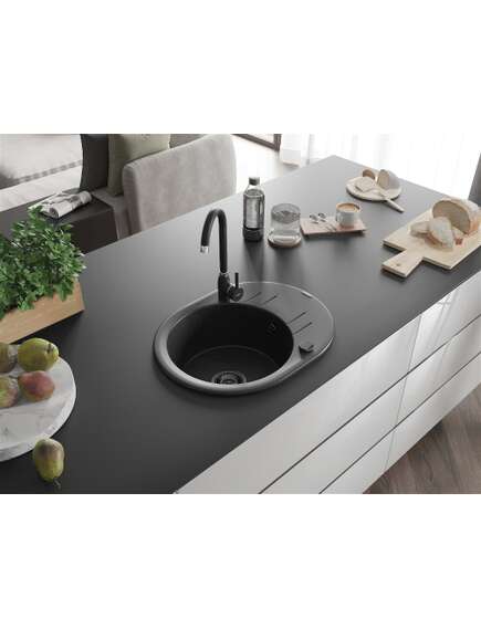 Mexen Kevin zlewozmywak granitowy 1-komorowy z ociekaczem 586 x 458 mm, czarny/srebrny metalik, syfon czarny - 6517581005-73-B, 2 image