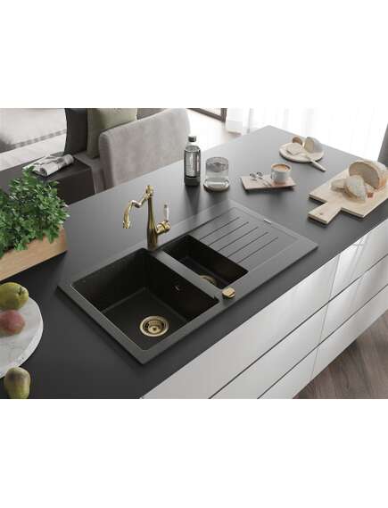 Mexen Matias zlewozmywak granitowy 1,5-komorowy z ociekaczem i baterią kuchenną Carla, czarny/złoty metalik - 6502-75-670700-50, 2 image