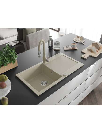 Mexen Leo zlewozmywak granitowy 1-komorowy z ociekaczem i baterią kuchenną Savita, beżowy - 6501-69-672601-69, изображение 2