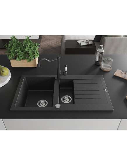 Mexen Matias zlewozmywak granitowy 1,5-komorowy z ociekaczem i baterią kuchenną Carla czarny/srebrny metalik - 6502-73-670700-70, 3 image
