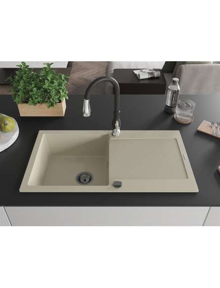Mexen Leo zlewozmywak granitowy 1-komorowy z ociekaczem i baterią kuchenną Savita, beżowy - 6501-69-672601-70, изображение 3