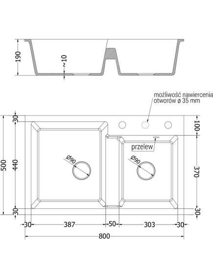 Mexen Tomas zlewozmywak granitowy 2-komorowy 800 x 500 mm, czarny/złoty metalik, syfon czarny - 6516802000-75-B, 5 image