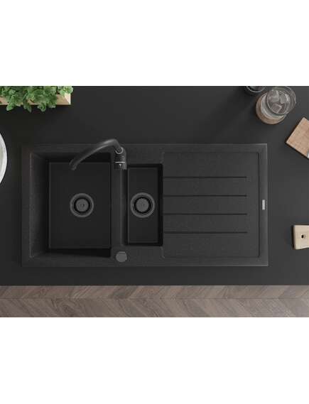 Mexen Andres zlewozmywak granitowy 1,5-komorowy z ociekaczem 1000 x 500 mm czarny/srebrny metalik syfon czarny - 6515101510-73-B, изображение 4
