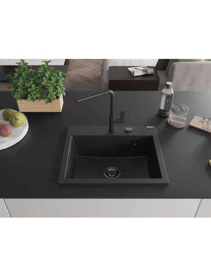 Mexen Oscar zlewozmywak granitowy 1-komorowy 580 x 490 mm, czarny, syfon czarny - 6519581000-77-B, изображение 3