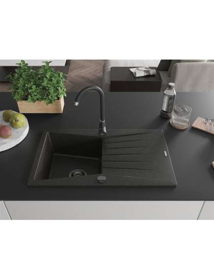 Mexen Cesar zlewozmywak granitowy 1-komorowy z ociekaczem 775 x 470 mm, czarny/złoty metalik, syfon czarny - 6514771010-75-B, изображение 3