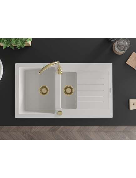 Mexen Matias zlewozmywak granitowy 1,5-komorowy z ociekaczem 900 x 505 mm, biały, syfon złoty - 6502901505-20-G, изображение 4