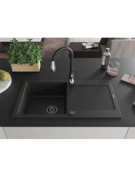 Mexen Leo zlewozmywak granitowy 1-komorowy z ociekaczem i baterią kuchenną Savita, czarny/srebrny metalik - 6501-73-672601-70-B, 3 image
