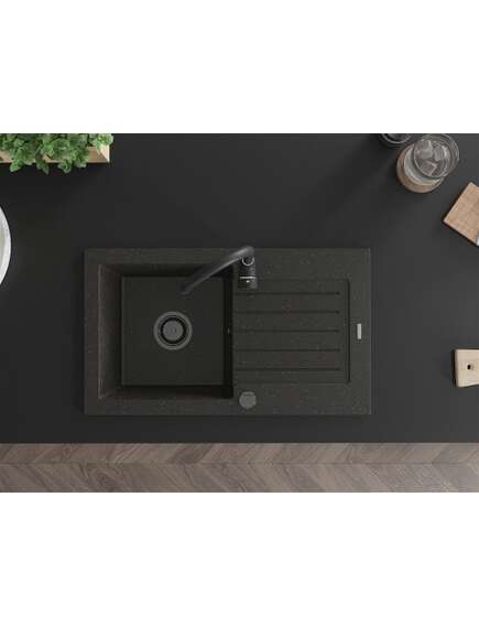 Mexen Pablo zlewozmywak granitowy 1-komorowy z ociekaczem 752 x 436 mm, czarny/złoty metalik, syfon czarny - 6510751010-75-B, изображение 4