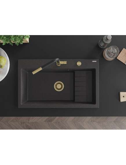 Mexen Omar zlewozmywak granitowy 1-komorowy 800 x 480 mm, czarny nakrapiany, syfon złoty - 6520801005-76-G, 4 image
