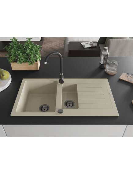 Mexen Matias zlewozmywak granitowy 1,5-komorowy z ociekaczem 900 x 505 mm, beżowy, syfon czarny - 6502901505-69-B, изображение 3