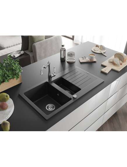 Mexen Matias zlewozmywak granitowy 1,5-komorowy z ociekaczem i baterią kuchenną Carla czarny/srebrny metalik - 6502-73-670700-00, 2 image