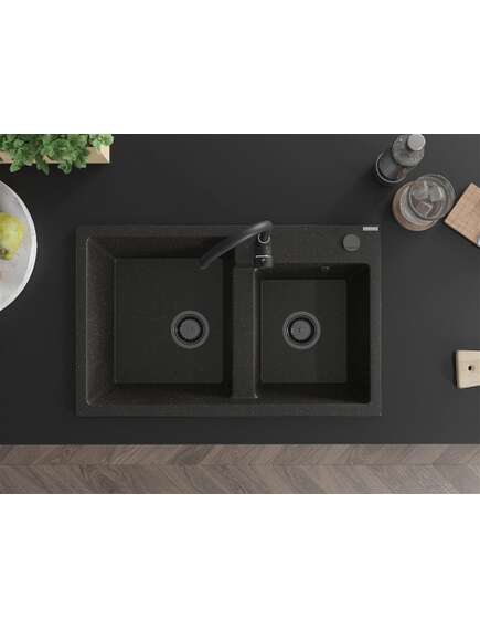 Mexen Tomas zlewozmywak granitowy 2-komorowy 800 x 500 mm, czarny/złoty metalik, syfon czarny - 6516802000-75-B, 4 image