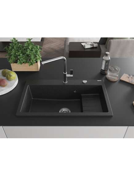 Mexen Omar zlewozmywak granitowy 1-komorowy 800 x 480 mm, czarny/srebrny metalik, syfon chrom - 6520801005-73, изображение 3