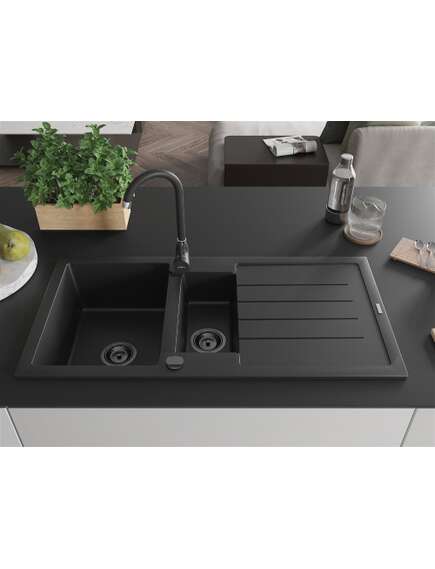 Mexen Andres zlewozmywak granitowy 1,5-komorowy z ociekaczem 1000 x 500 mm czarny, syfon czarny - 6515101510-77-B, изображение 4