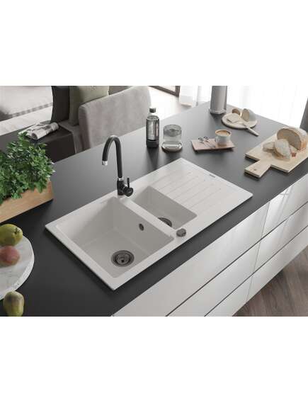 Mexen Matias zlewozmywak granitowy 1,5-komorowy z ociekaczem 900 x 505 mm, biały, syfon czarny - 6502901505-20-B, изображение 2