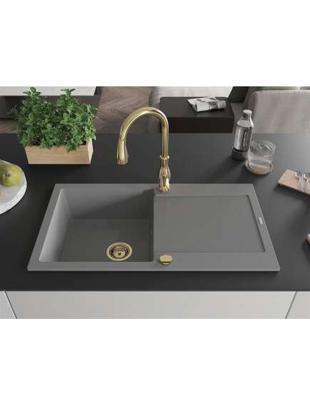 Mexen Leo zlewozmywak granitowy 1-komorowy z ociekaczem i baterią kuchenną Savita, szary - 6501-71-672601-50, 3 image