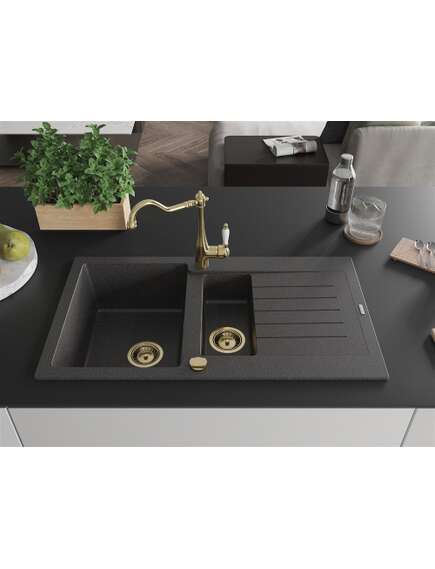 Mexen Matias zlewozmywak granitowy 1,5-komorowy z ociekaczem i baterią kuchenną Carla, czarny nakrapiany - 6502-76-670700-50, 3 image