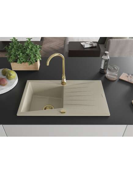 Mexen Cesar zlewozmywak granitowy 1-komorowy z ociekaczem 775 x 470 mm, beżowy, syfon złoty - 6514771010-69-G, изображение 3