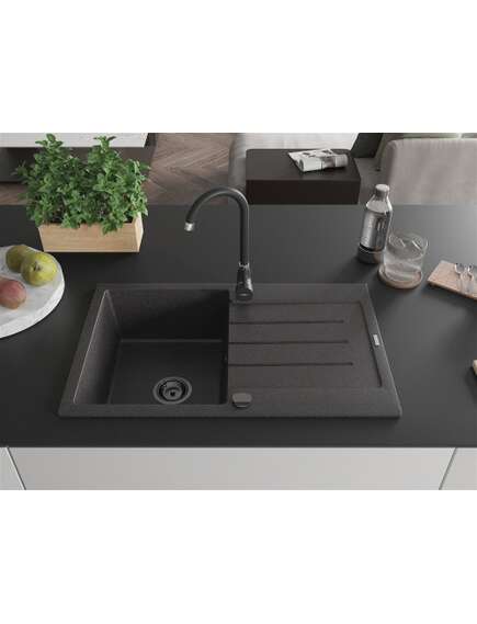 Mexen Bruno zlewozmywak granitowy 1-komorowy z ociekaczem 795 x 495 mm, czarny nakrapiany, syfon czarny - 6513791010-76-B, изображение 3