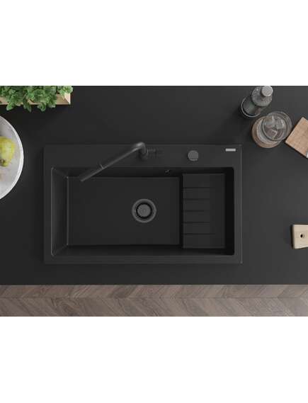 Mexen Omar zlewozmywak granitowy 1-komorowy 800 x 480 mm, czarny, syfon czarny - 6520801005-77-B, изображение 4
