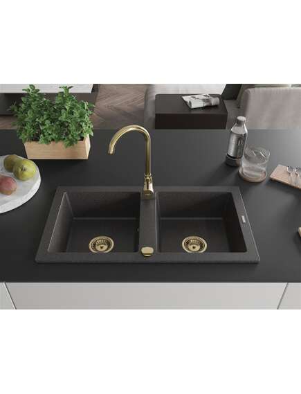 Mexen Mario zlewozmywak granitowy 2-komorowy 820 x 436 mm, czarny nakrapiany, syfon złoty - 6504822000-76-G, изображение 3